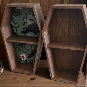 Handmade Coffin Curio Shelf With Crow & Floral Wallpaper